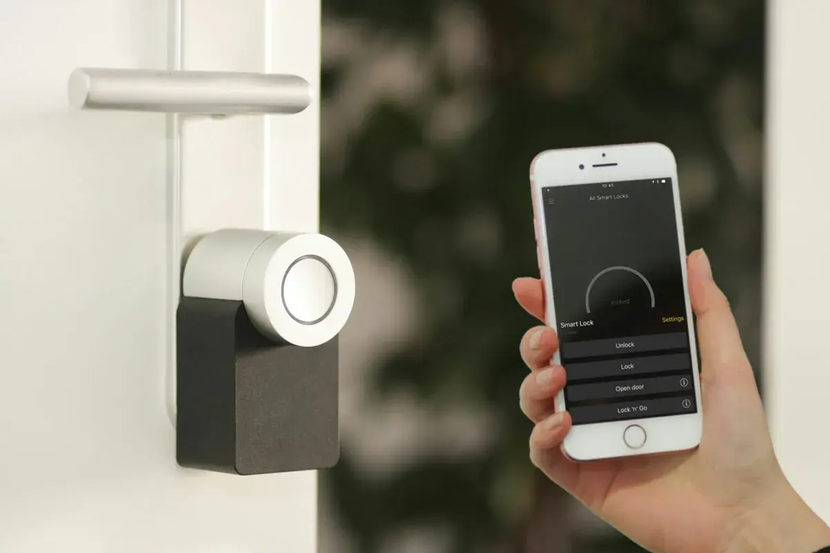 Digital electronic keypad smart lock on modern apartment entrance door, illustrative image